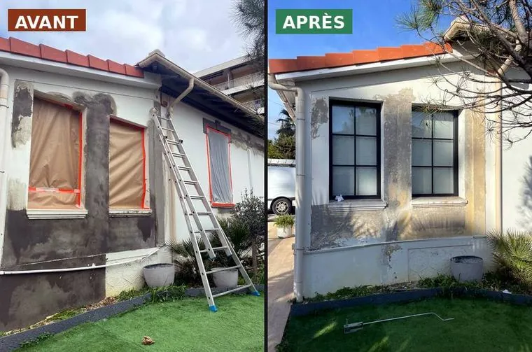 Façade abîmée → ravalement complet — avant après