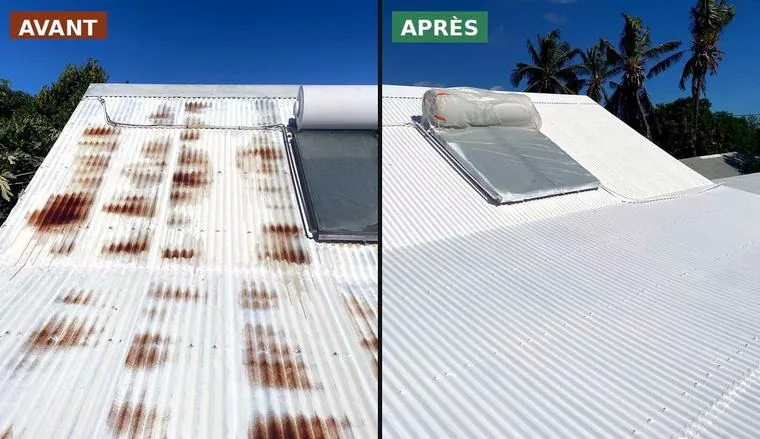 Toiture métallique rouillée → Cool Roof blanc — avant après