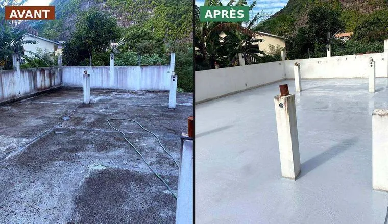 Toit-terrasse encrassé → étanchéité blanche — avant après